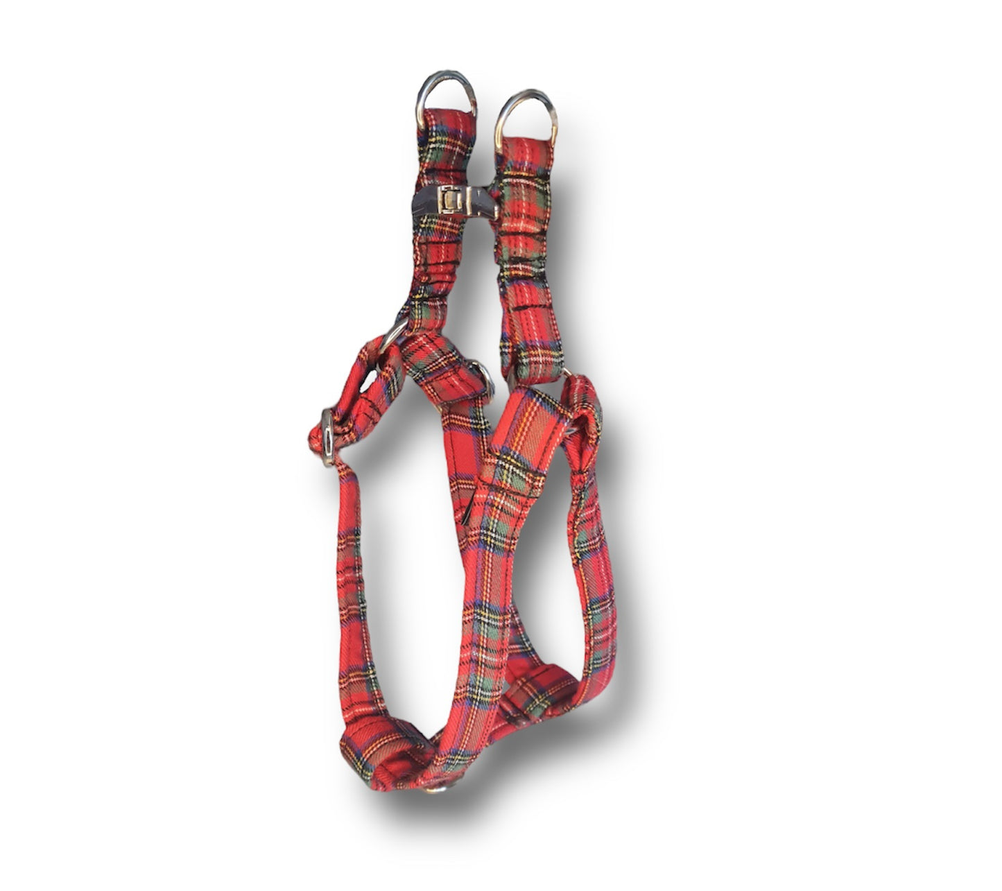 Adjustable step in dog harness - red tartan