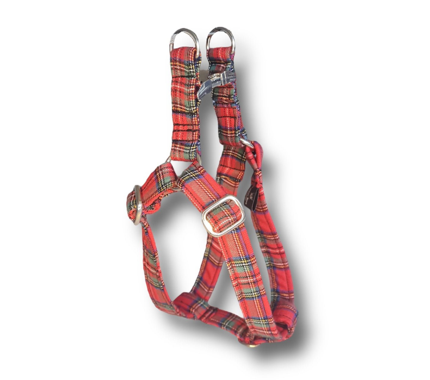 Adjustable step in dog harness - red tartan