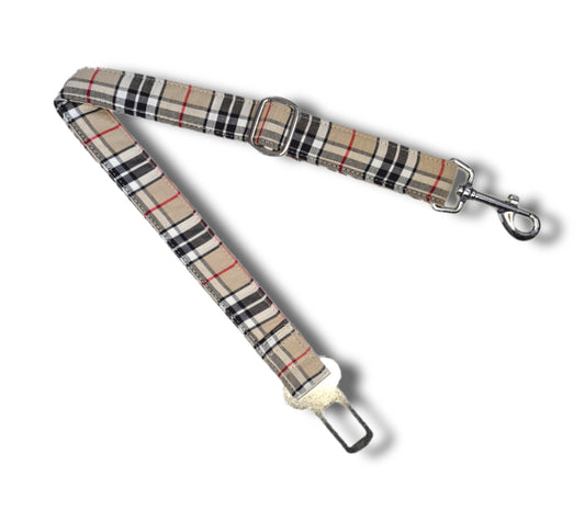Dog seatbelt - beige & tan tartan