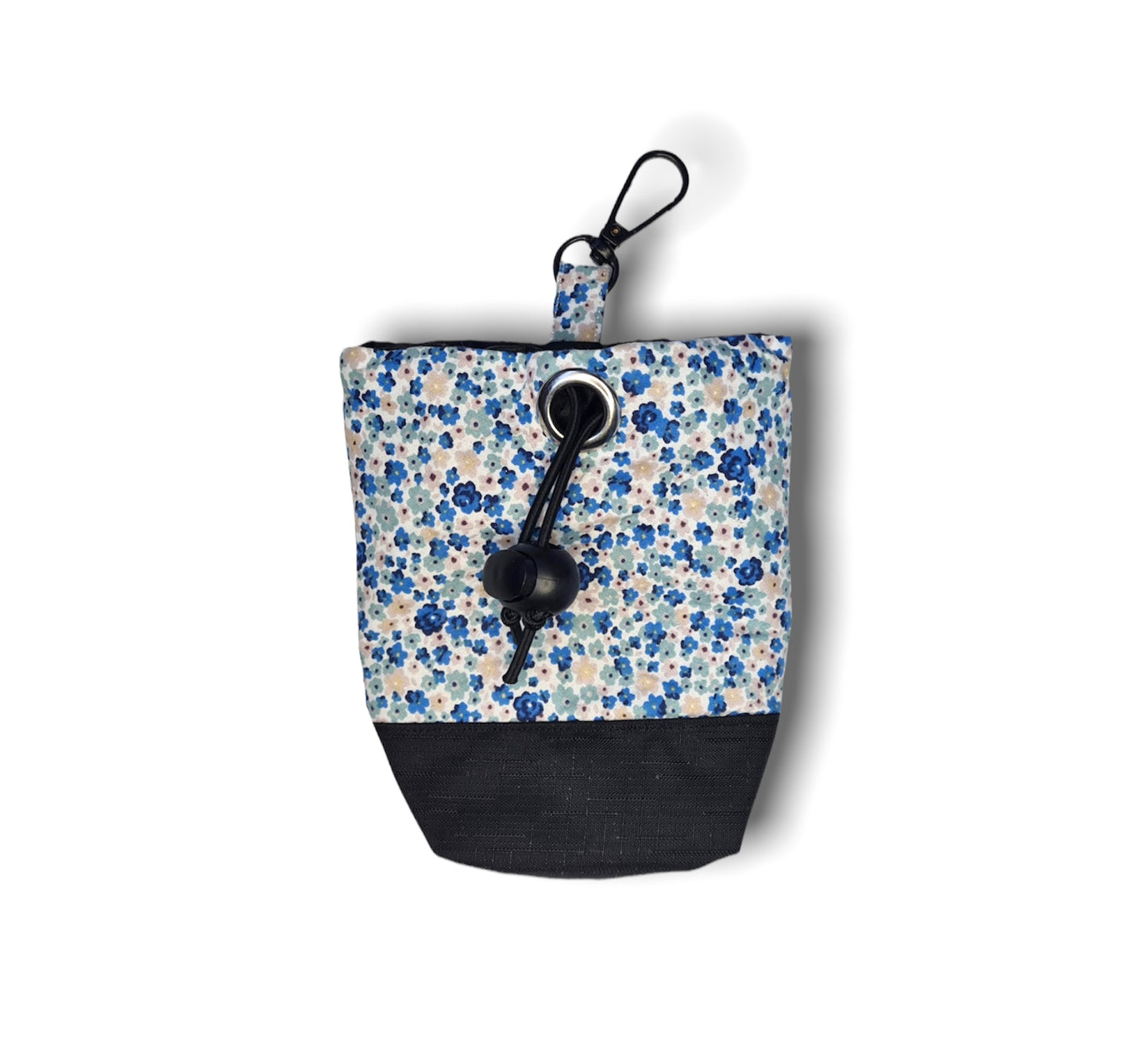 Blue ditsy dog treat bag with poo bag holder compartment/poo bag dispenser