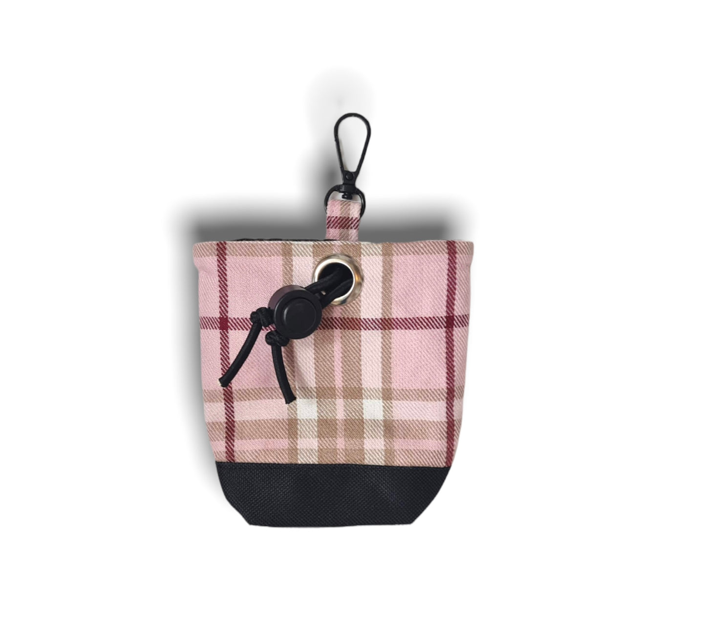 Pink and beige tartan dog treat bag with poo bag holder compartment and drawstring opening/closing