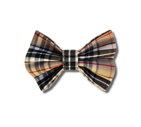 Tartan/plaid cream and beige dog bow tie