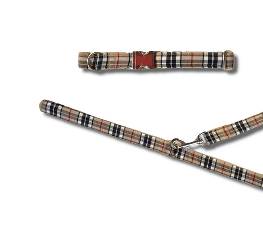 Classic beige tartan/cream plaid Lead and Collar