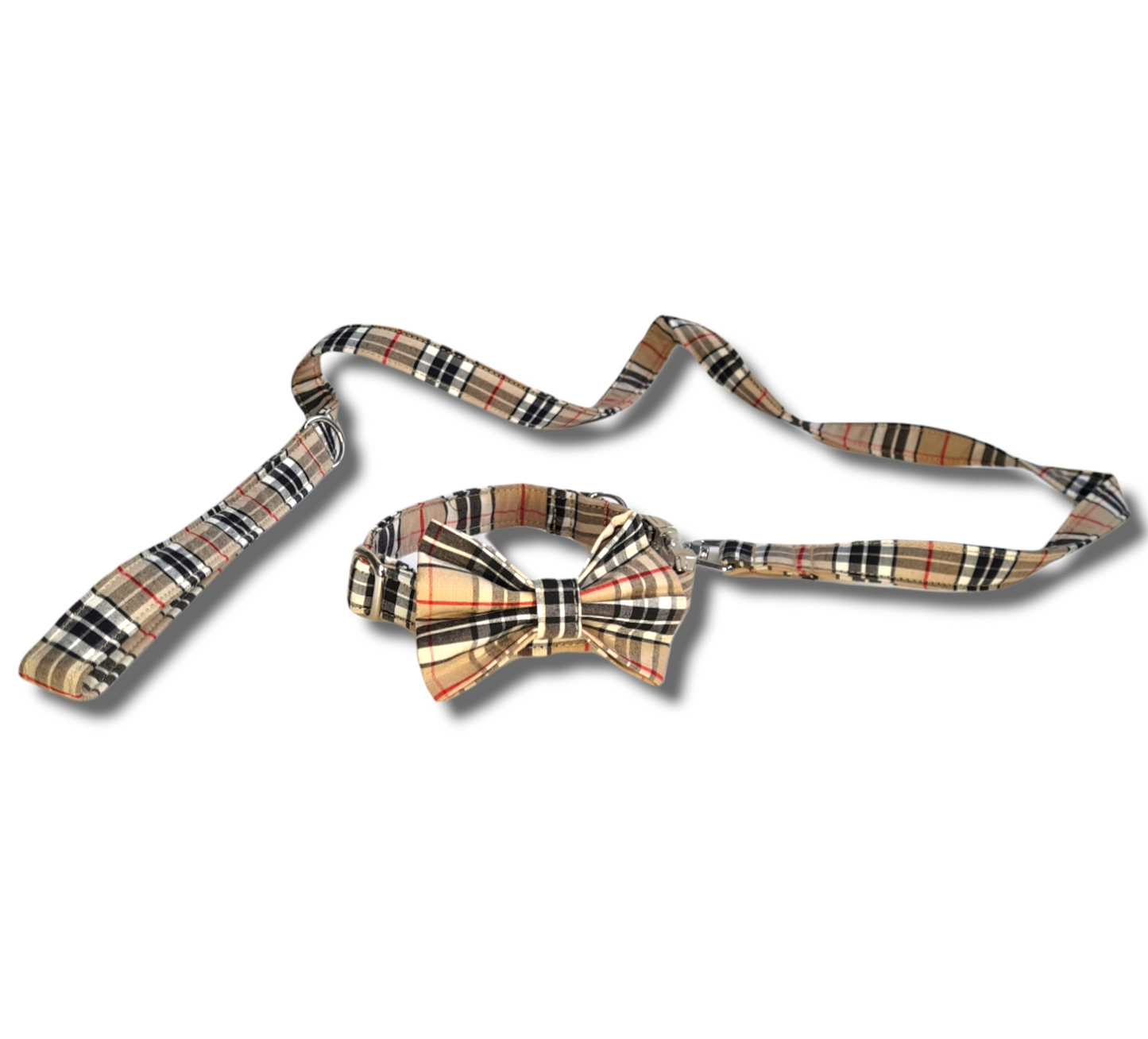 Tartan/plaid cream and beige dog bow tie