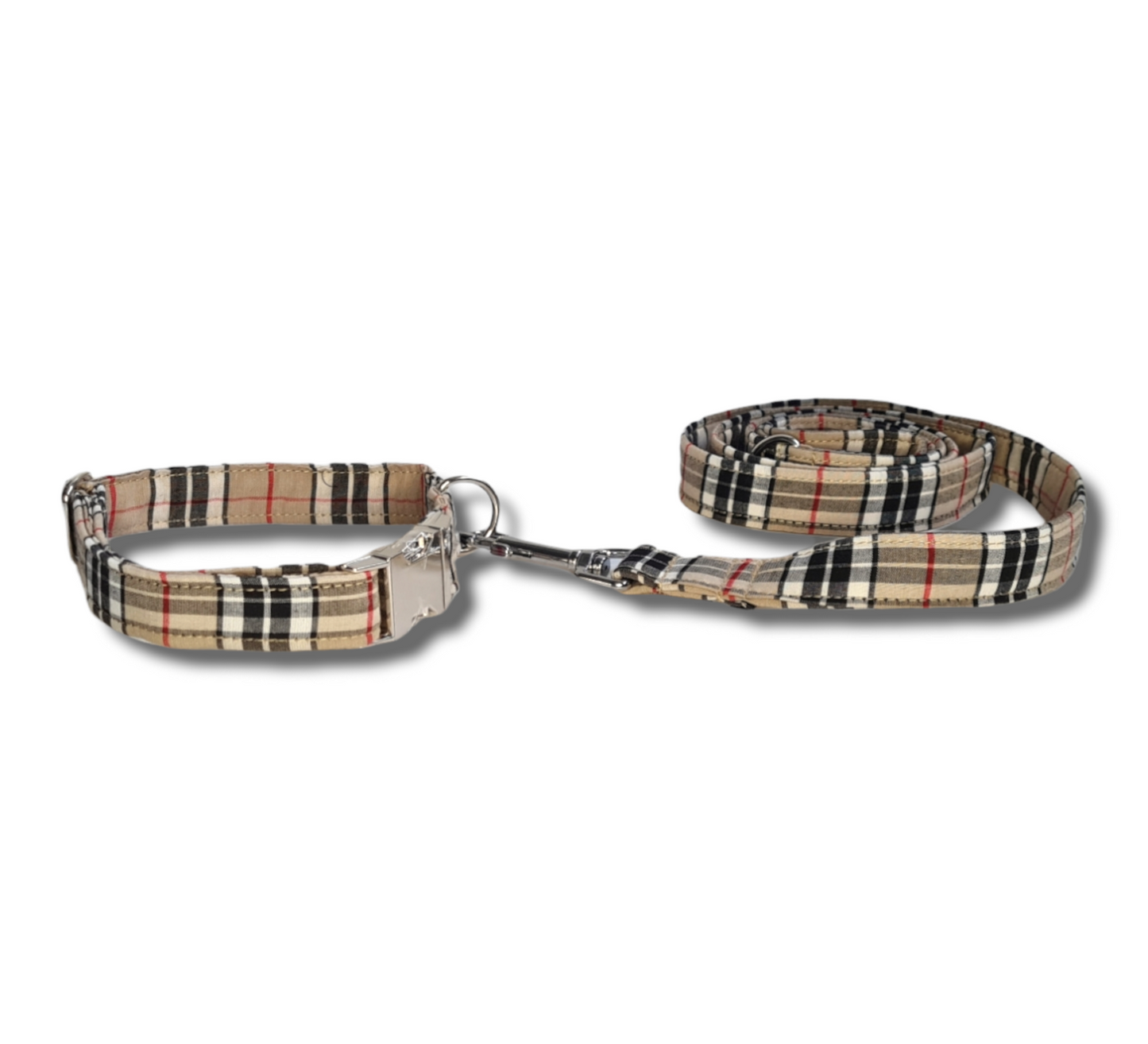 Classic beige tartan/cream plaid Lead and Collar