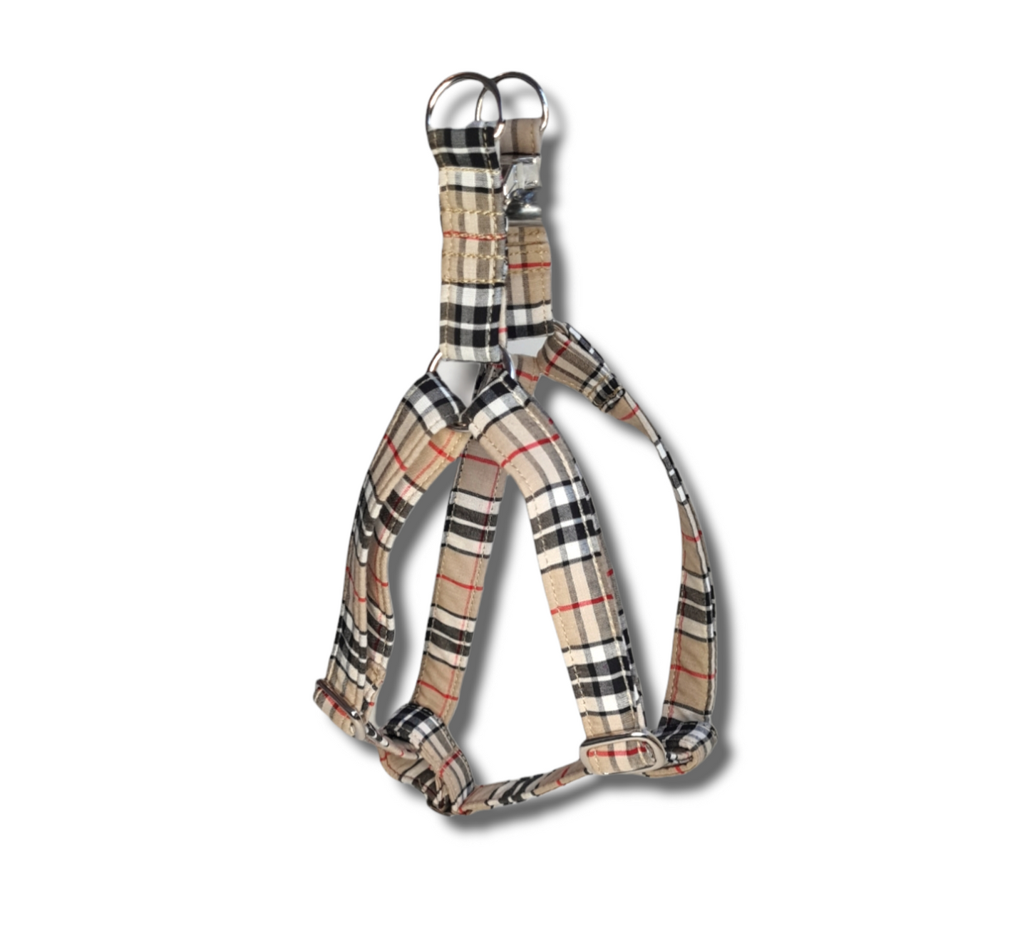 Adjustable step in dog harness - beige cream tartan/plaid