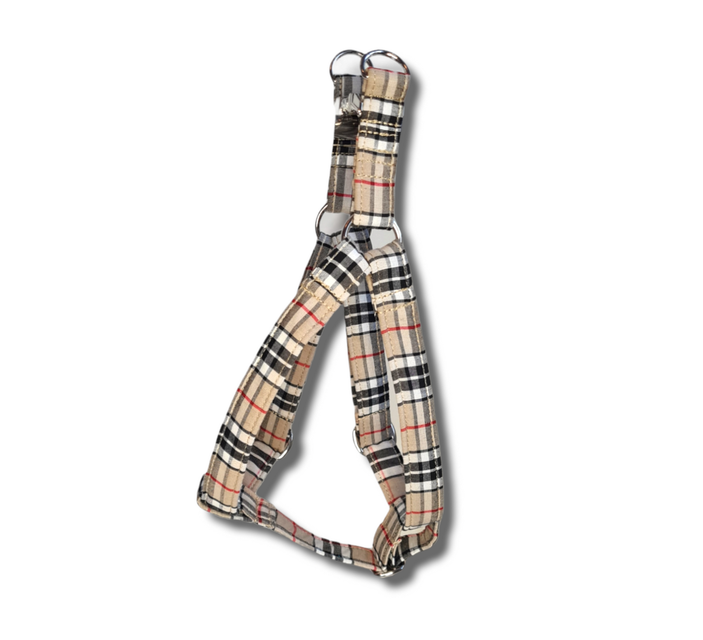 Adjustable step in dog harness - beige cream tartan/plaid