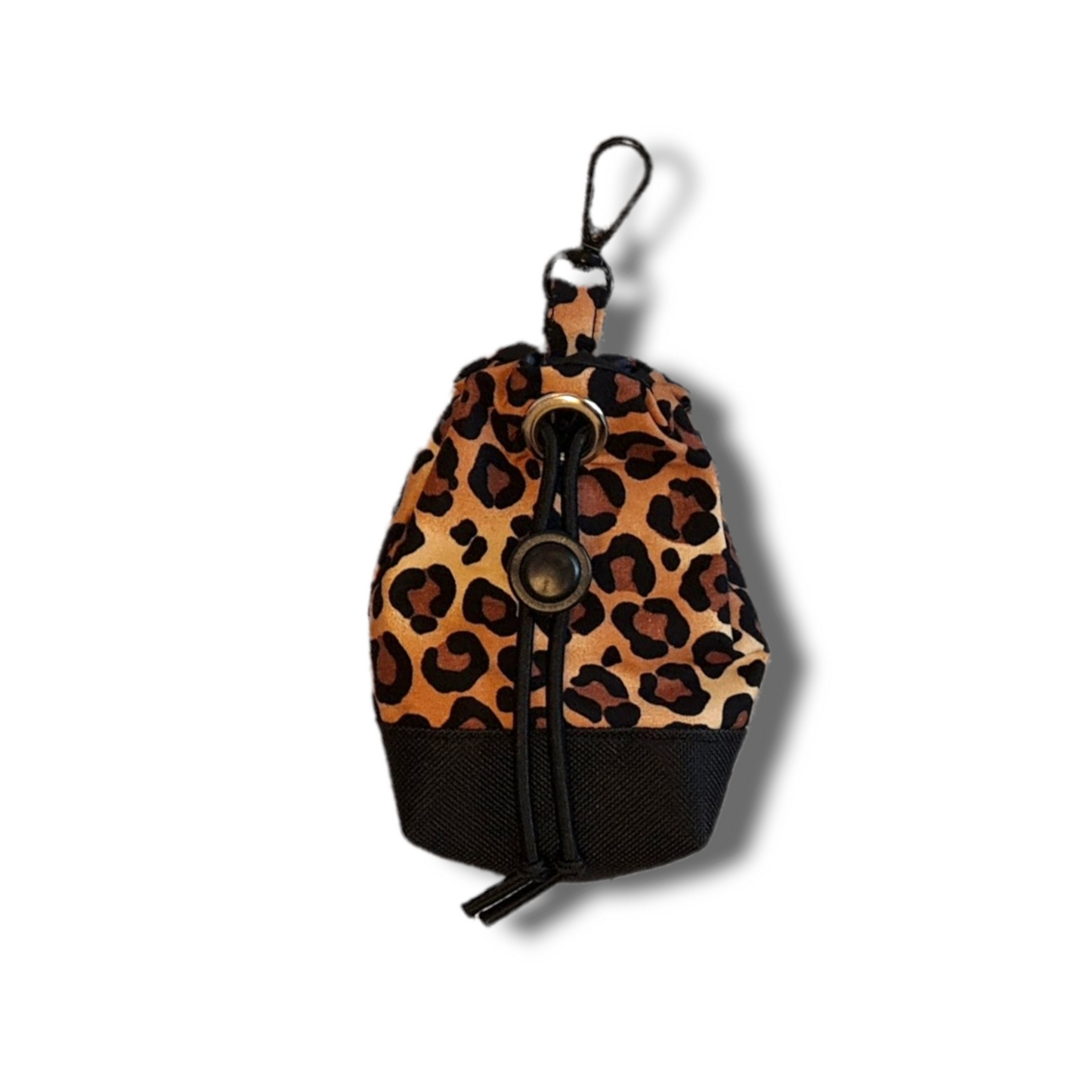 Leopard print dog treat bag with poo bag holder compartment and drawstring opening/closing