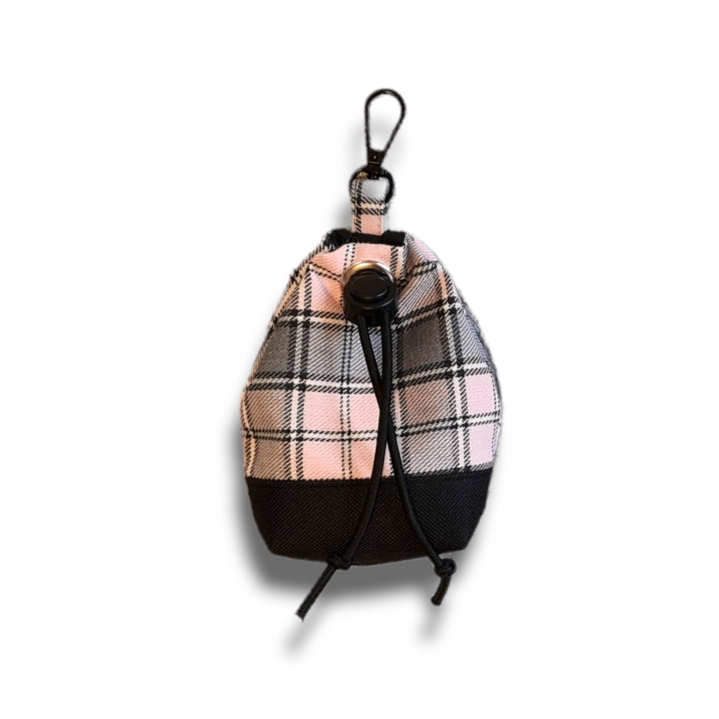 Pink and grey tartan/plaid dog treat bag with poo bag holder compartment and drawstring opening/closing