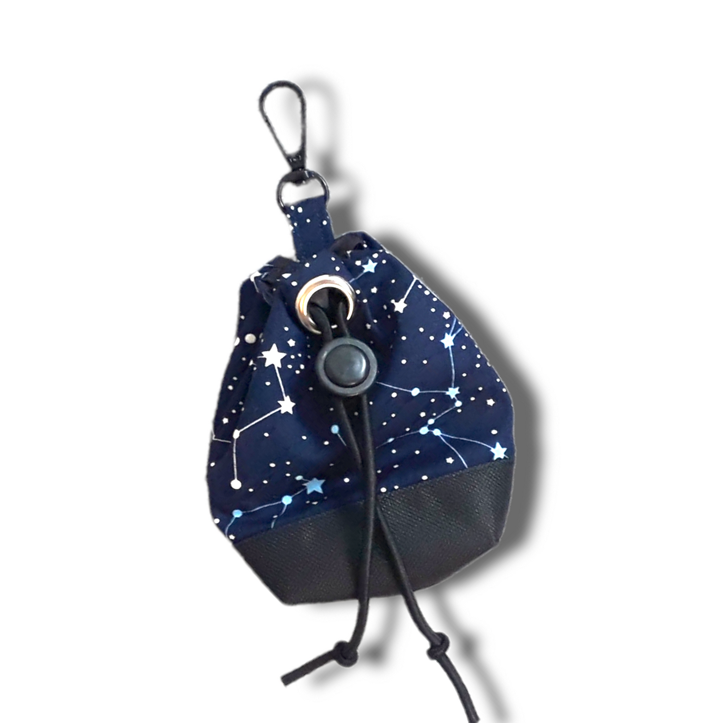 Celestial and constellations night sky print dog treat bag with poo bag holder compartment and drawstring opening/closing