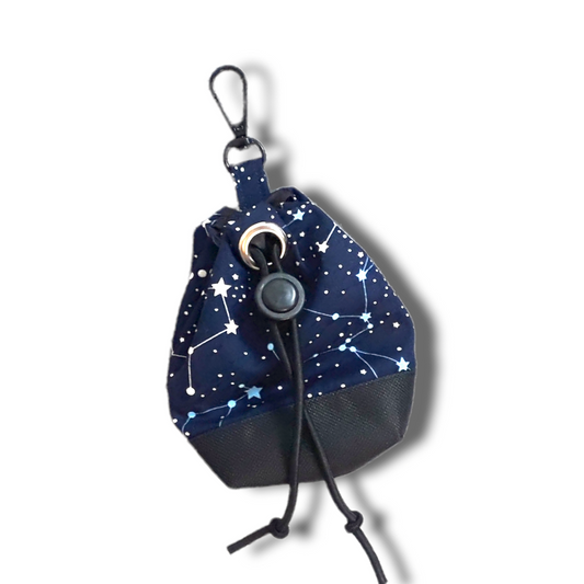 Celestial and constellations night sky print dog treat bag with poo bag holder compartment and drawstring opening/closing