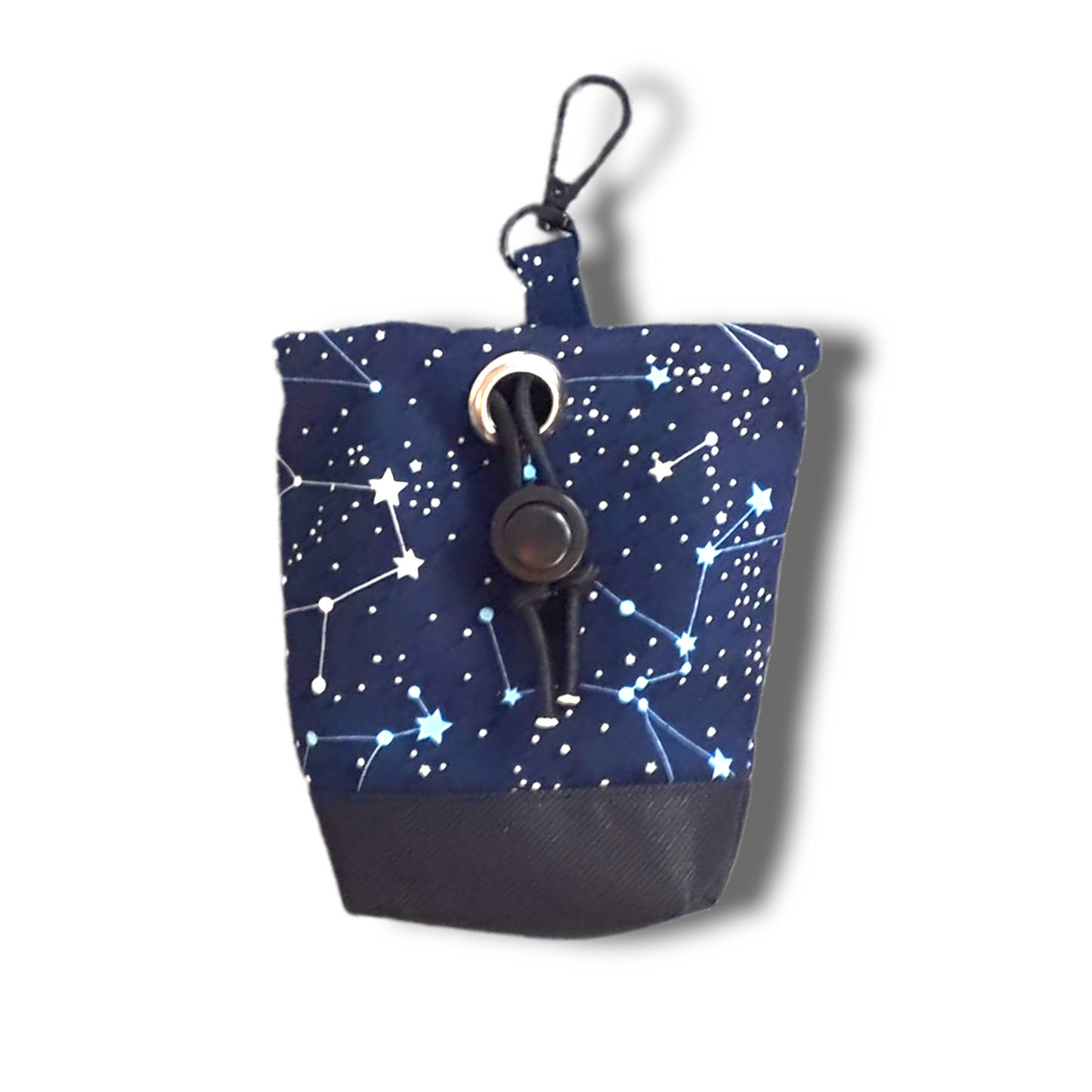Celestial and constellations night sky print dog treat bag with poo bag holder compartment and drawstring opening/closing