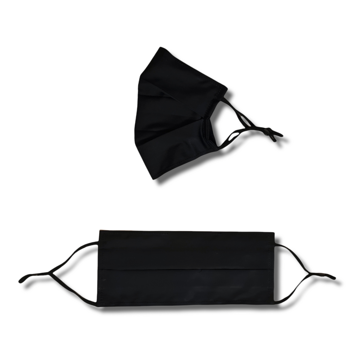 Plain black face mask. Cotton, Washable and reusable with filter pocket. Adjustable elastic ear loops with toggle adjustment.