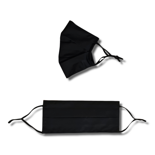 Plain black face mask. Cotton, Washable and reusable with filter pocket. Adjustable elastic ear loops with toggle adjustment.