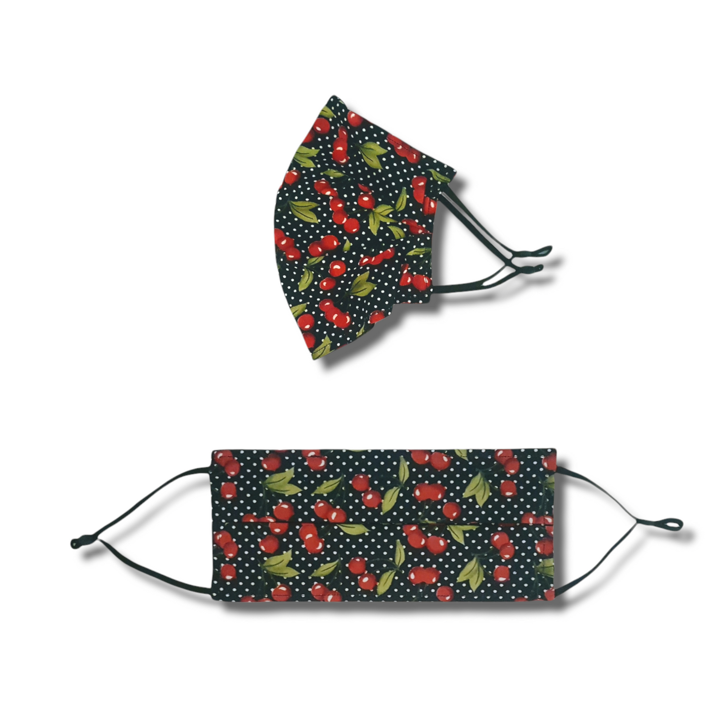 Cherry face mask. Washable and reusable with filter pocket. Adjustable elastic ear loops with toggle adjustment.