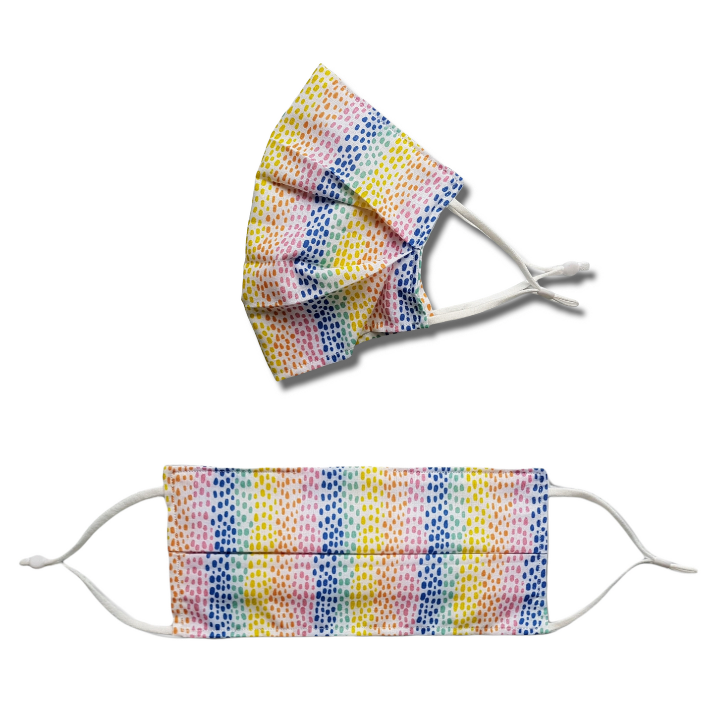 Rainbow print face mask. Washable and reusable with filter pocket. Adjustable elastic ear loops with toggle adjustment.