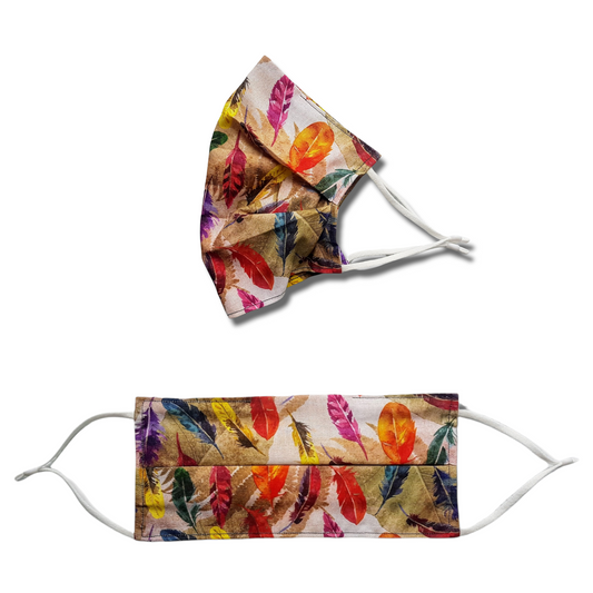 feathered print face mask. Washable and reusable with filter pocket. Adjustable elastic ear loops with toggle adjustment.