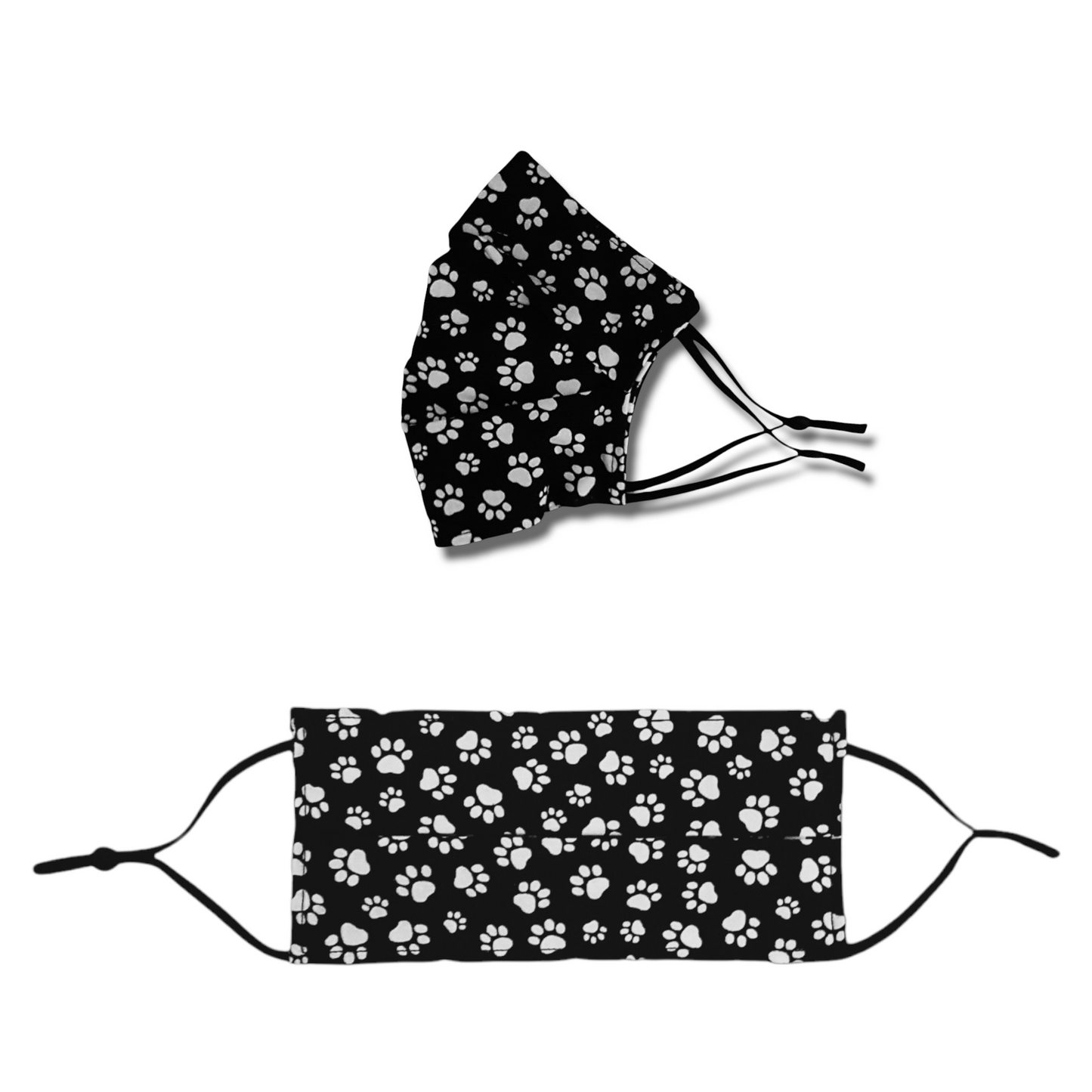 Black and white Paw print face mask. Washable and reusable with filter pocket. Adjustable elastic ear loops with toggle adjustment.