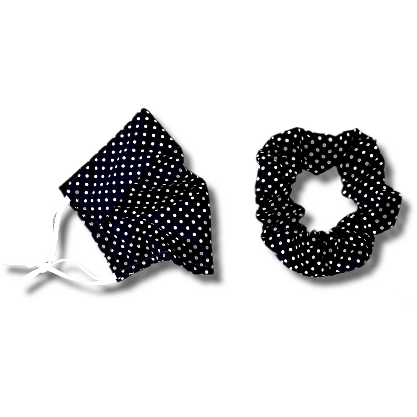 Polka dot print face mask. Washable and reusable with filter pocket. Adjustable elastic ear loops with toggle adjustment.