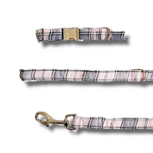 Pink and grey plaid Dog collar/lead