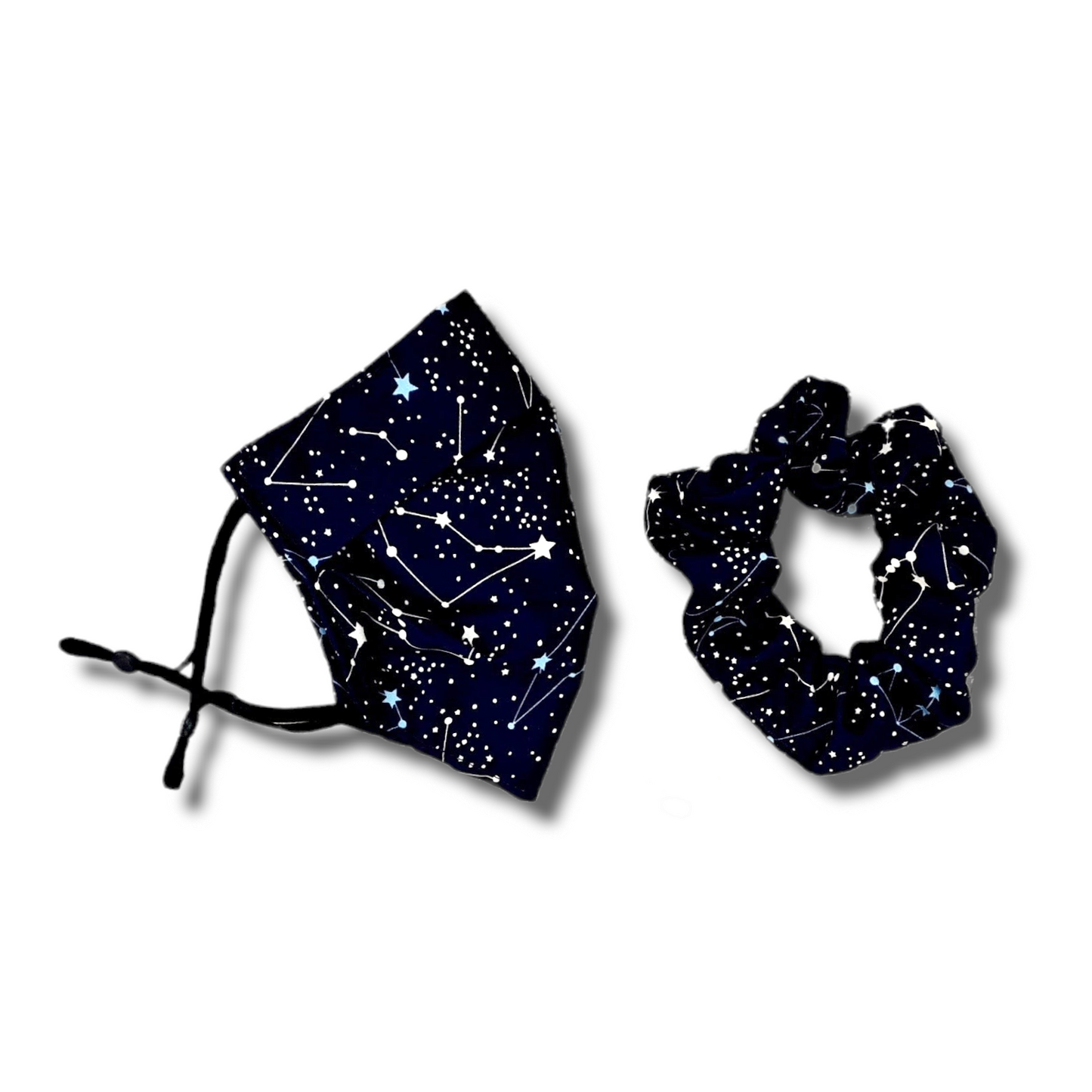 Night sky, constellation print face mask. Washable and reusable with filter pocket. Adjustable elastic ear loops with toggle adjustment.