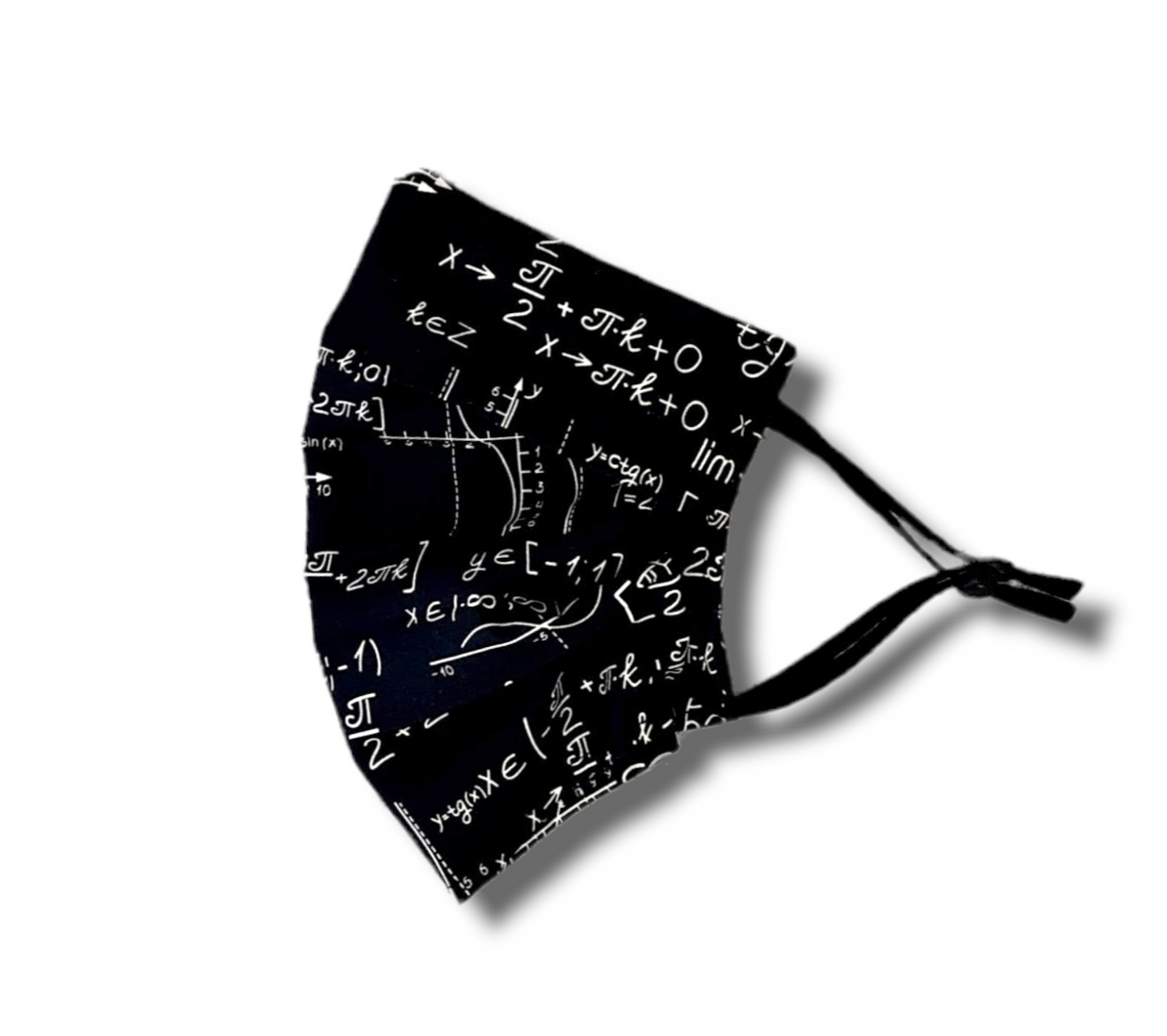 Black mathematics teacher, student facemask. Washable and reusable with filter pocket. Adjustable elastic ear loops with toggle adjustment.