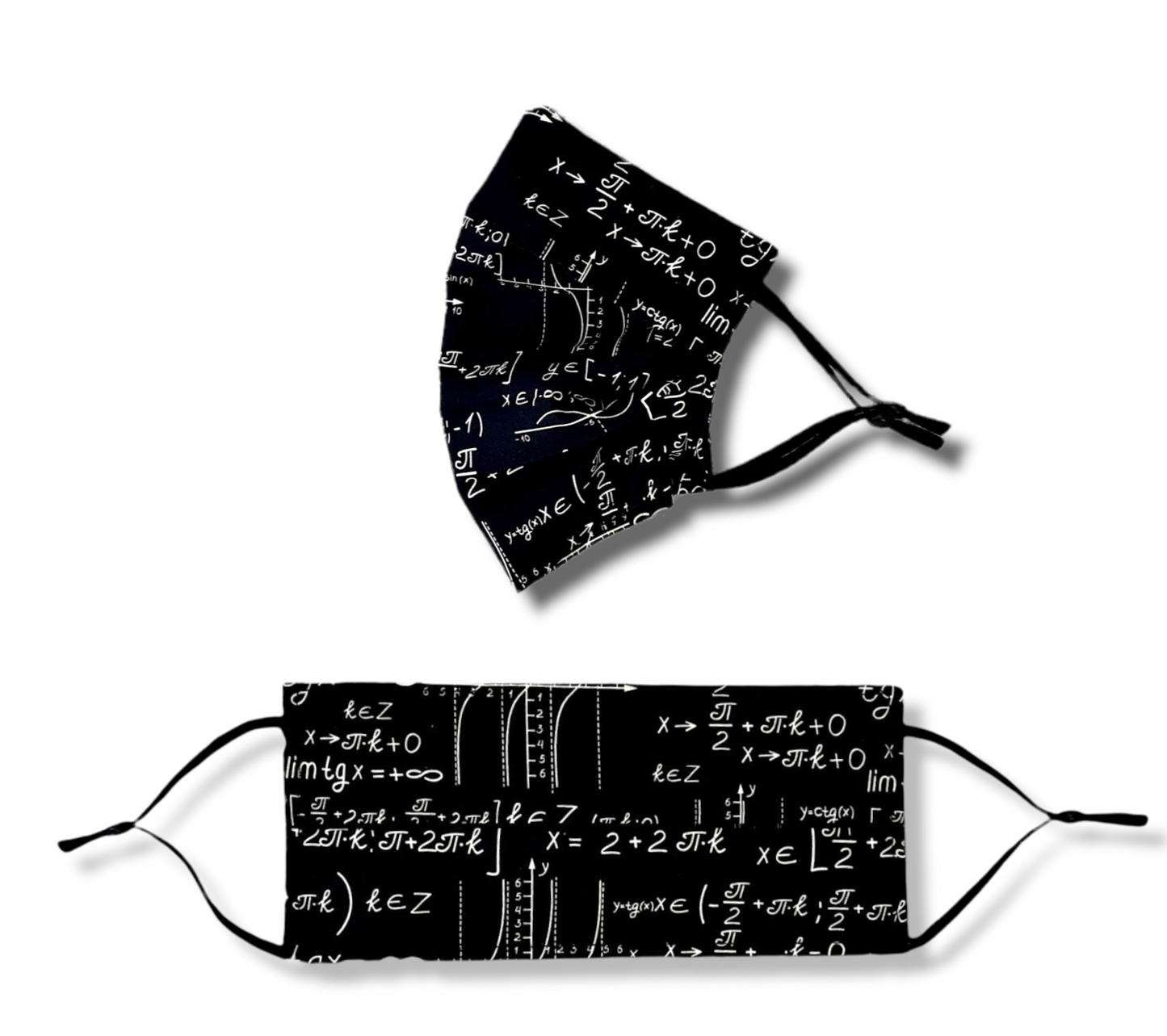 Black mathematics teacher, student facemask. Washable and reusable with filter pocket. Adjustable elastic ear loops with toggle adjustment.