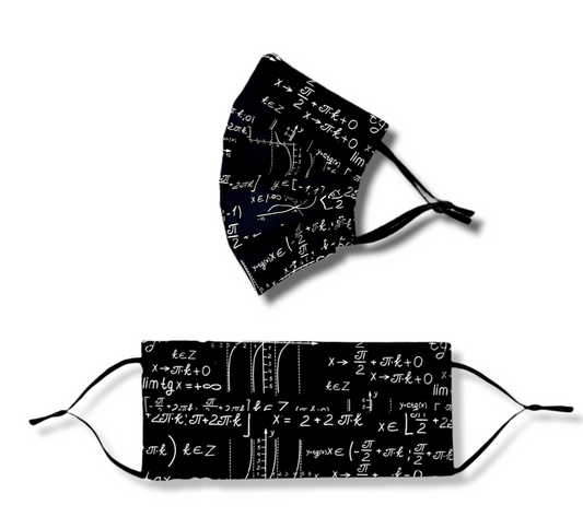 Black mathematics teacher, student facemask. Washable and reusable with filter pocket. Adjustable elastic ear loops with toggle adjustment.