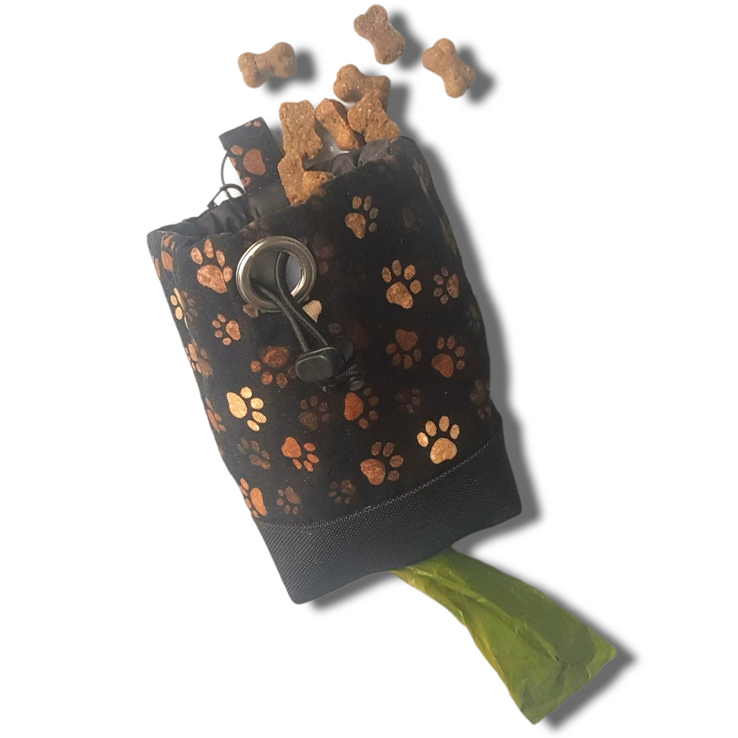 Dog treat bag with poo bag holder compartment