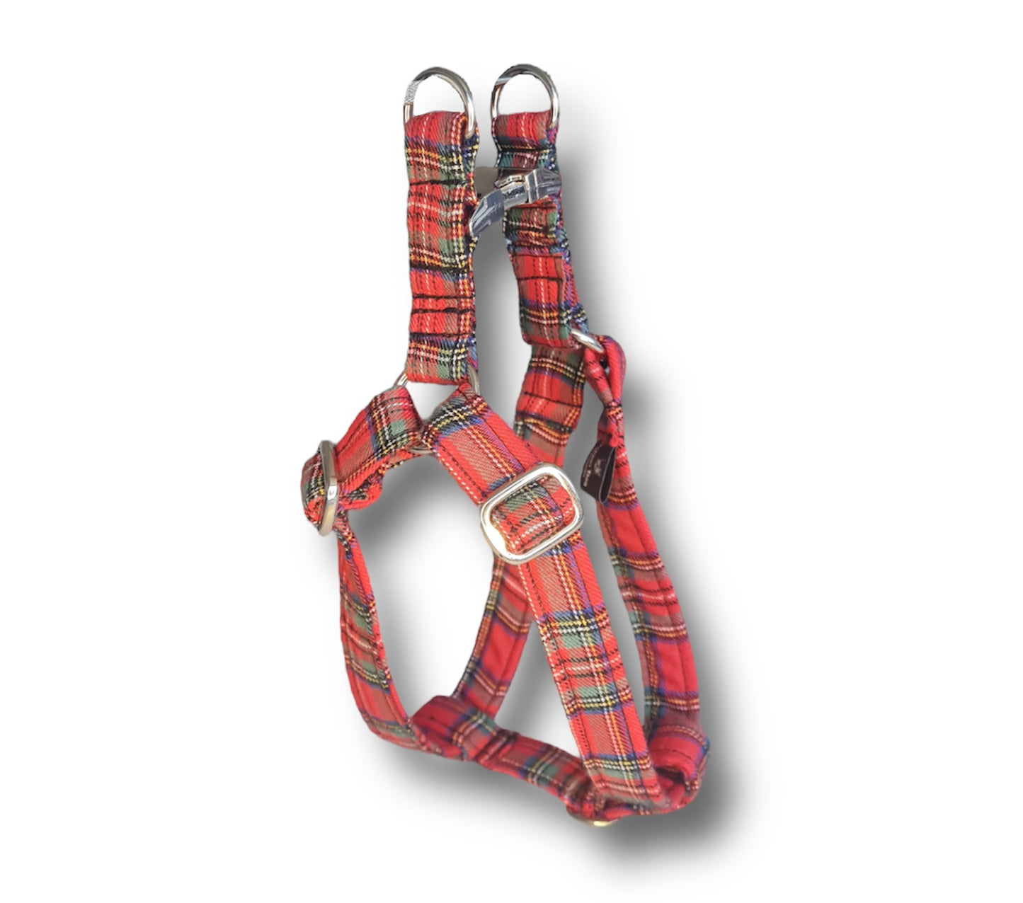 Adjustable step in dog harness - red tartan