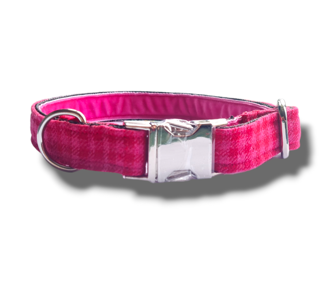 Pink checked Wool Dog Collar