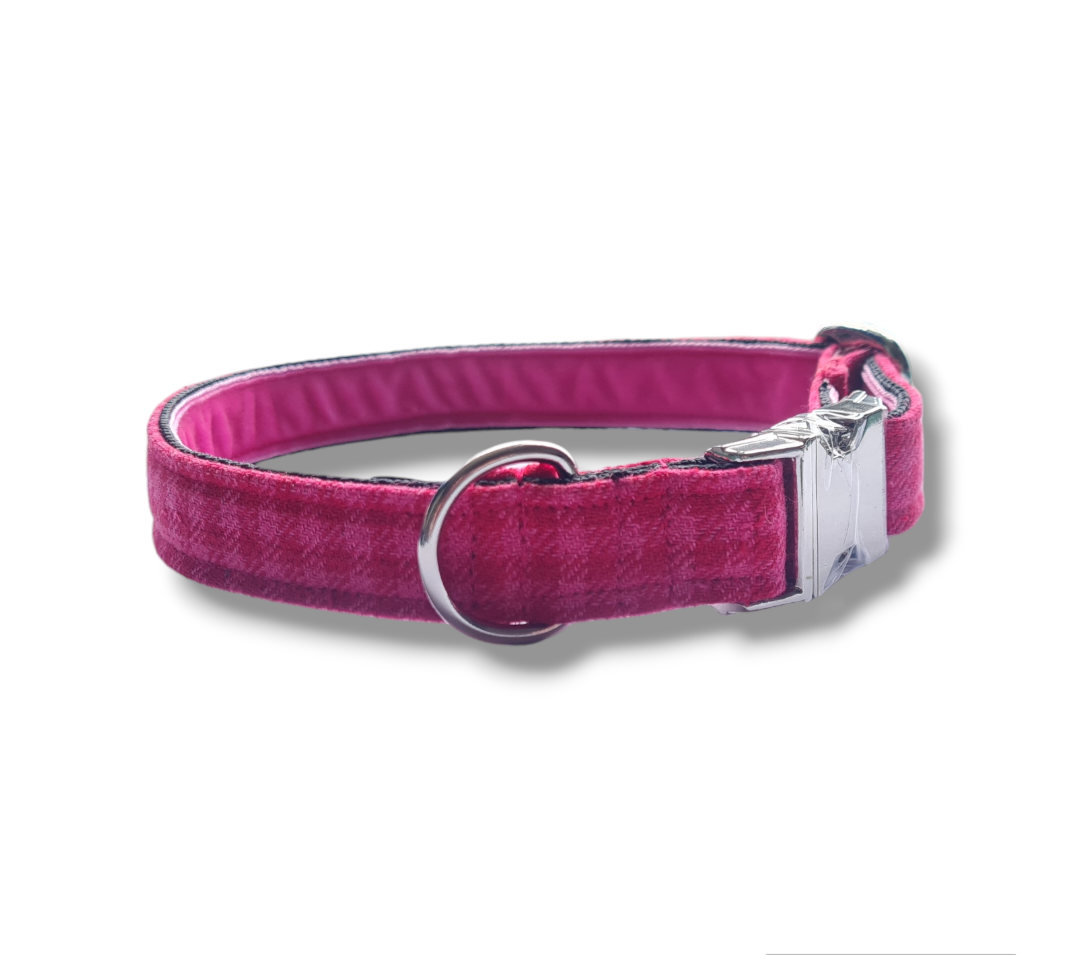 Pink checked Wool Dog Collar