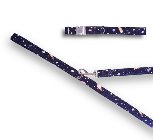 Outer space, rocket and planets print dog collar/lead