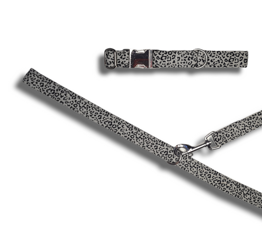 Silver leopard print dog collar/lead