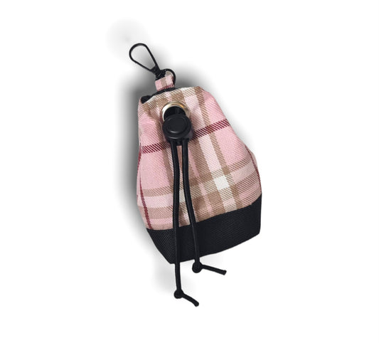 Pink and beige tartan dog treat bag with poo bag holder compartment and drawstring opening/closing