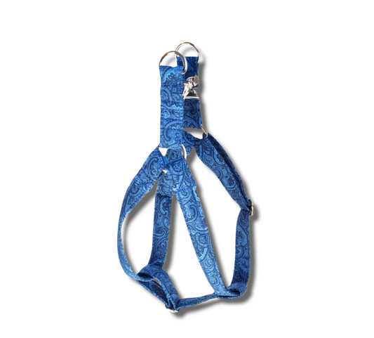 Adjustable step in dog harness- blue paisley print