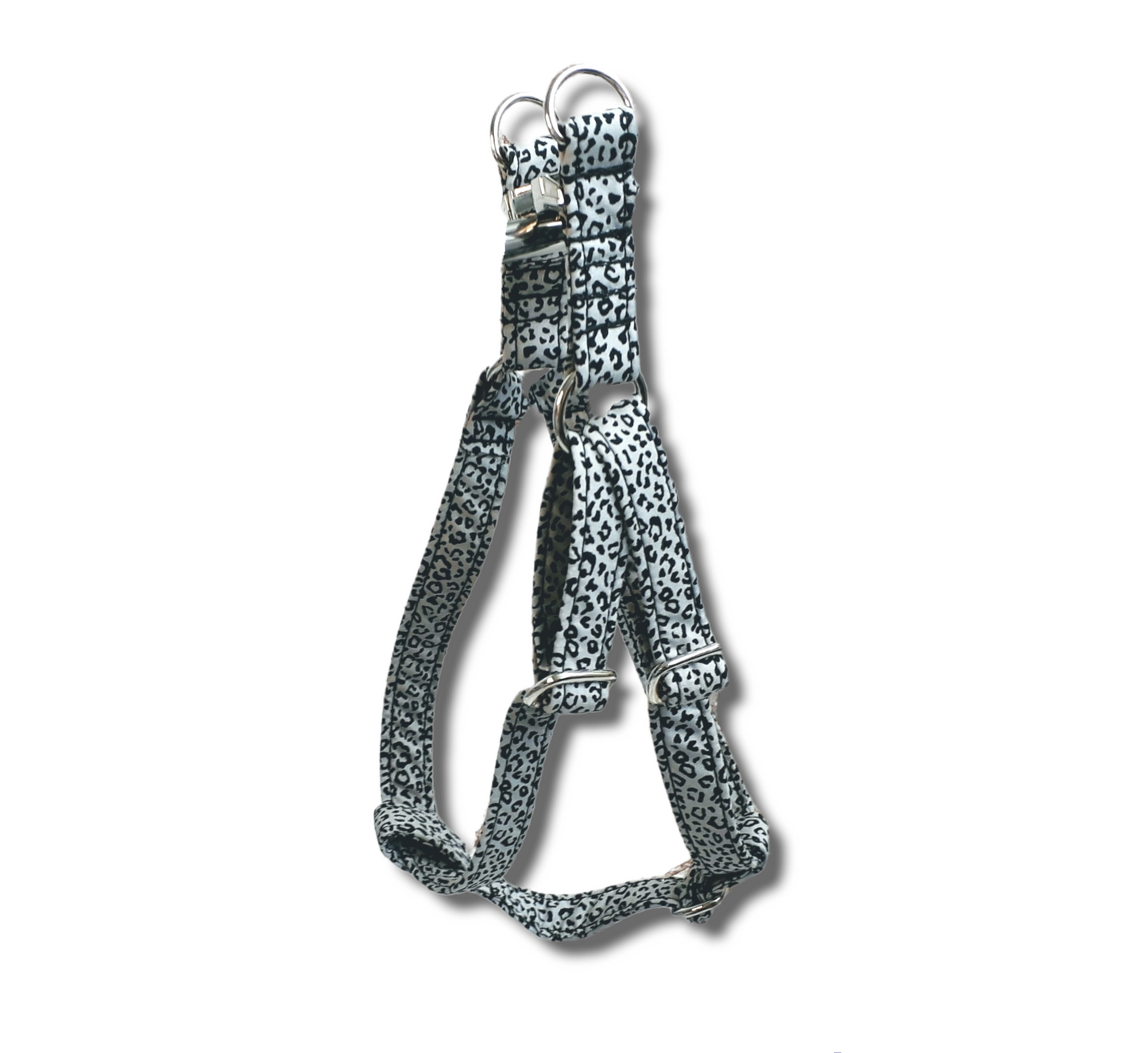 Adjustable step in dog harness - silver leopard print