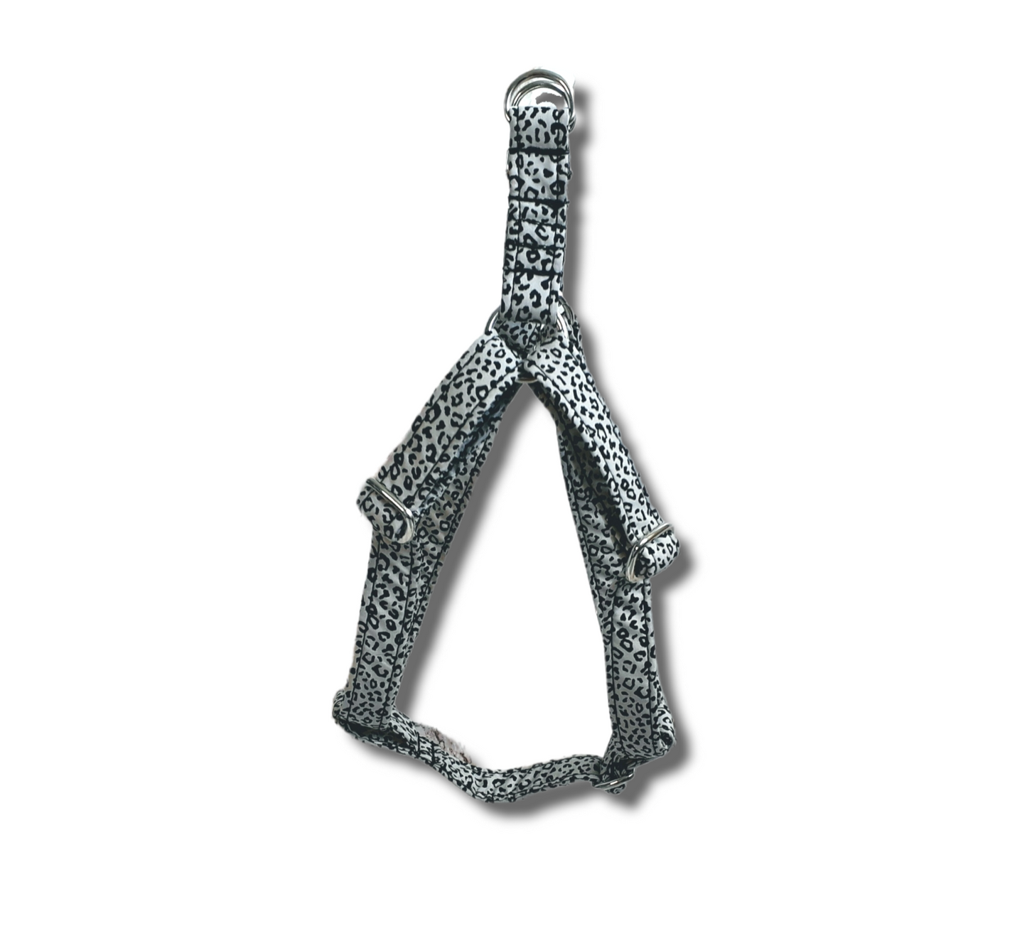 Adjustable step in dog harness - silver leopard print