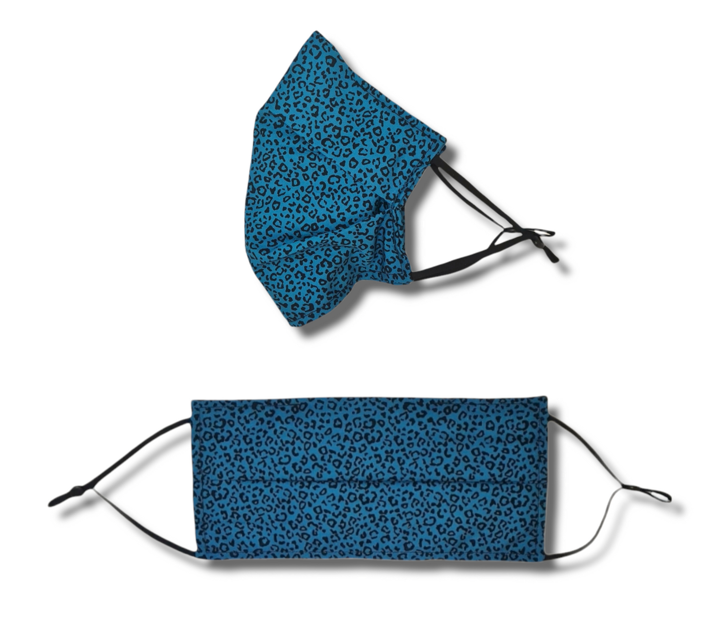 Blue Leopard print face mask. Washable and reusable with filter pocket. Adjustable elastic ear loops with toggle adjustment.