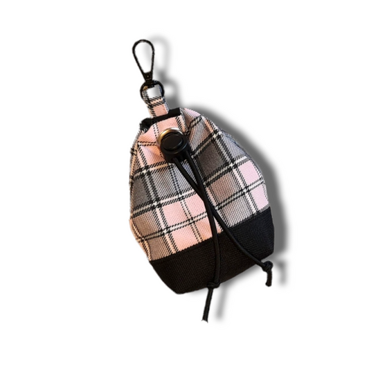 Pink and grey tartan/plaid dog treat bag with poo bag holder compartment and drawstring opening/closing