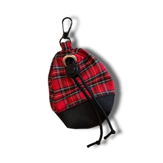 Red tartan dog treat bag with poo bag holder compartment and drawstring opening/closing