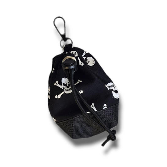 Skull print dog treat bag with poo bag holder compartment and drawstring opening/closing