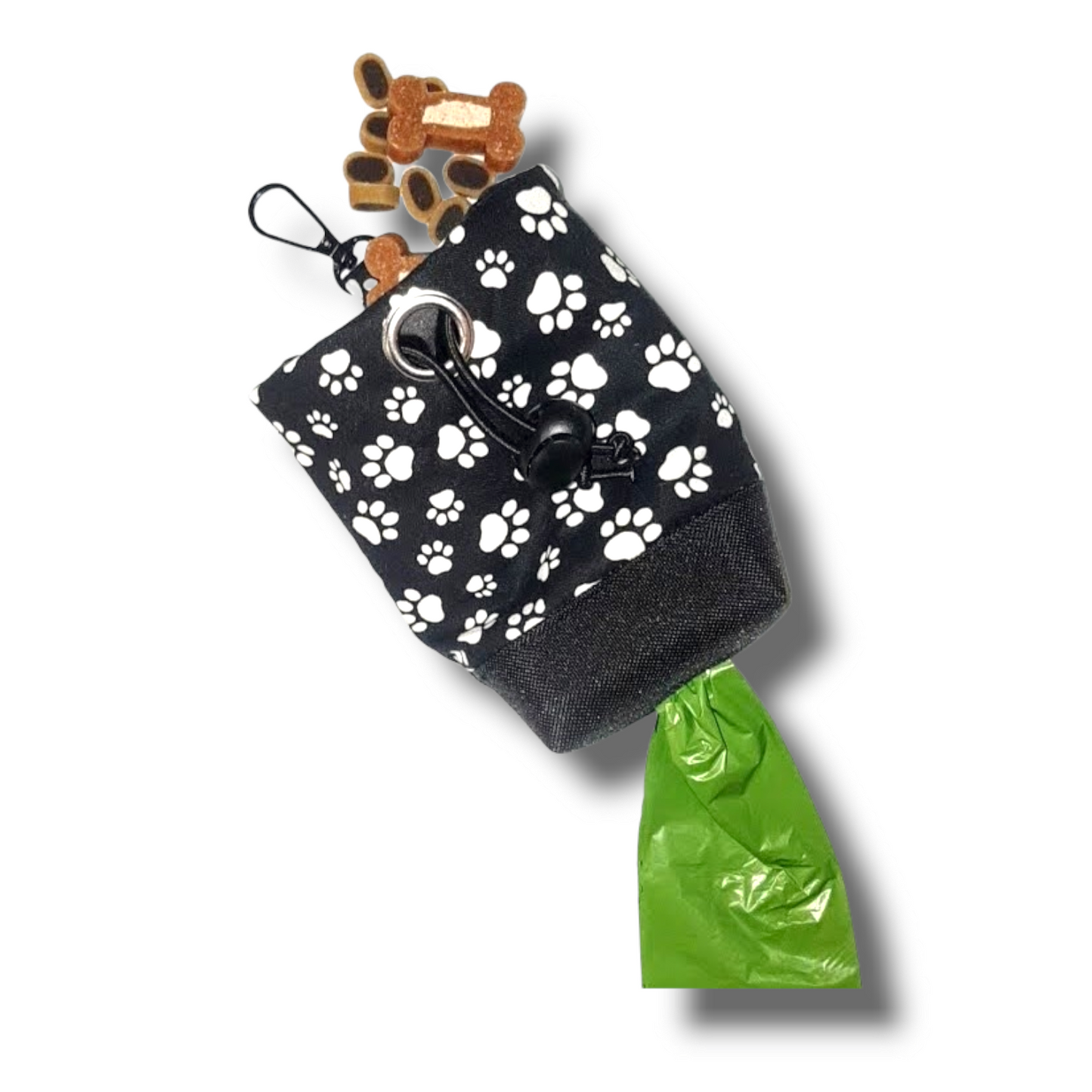 Skull print dog treat bag with poo bag holder compartment and drawstring opening/closing