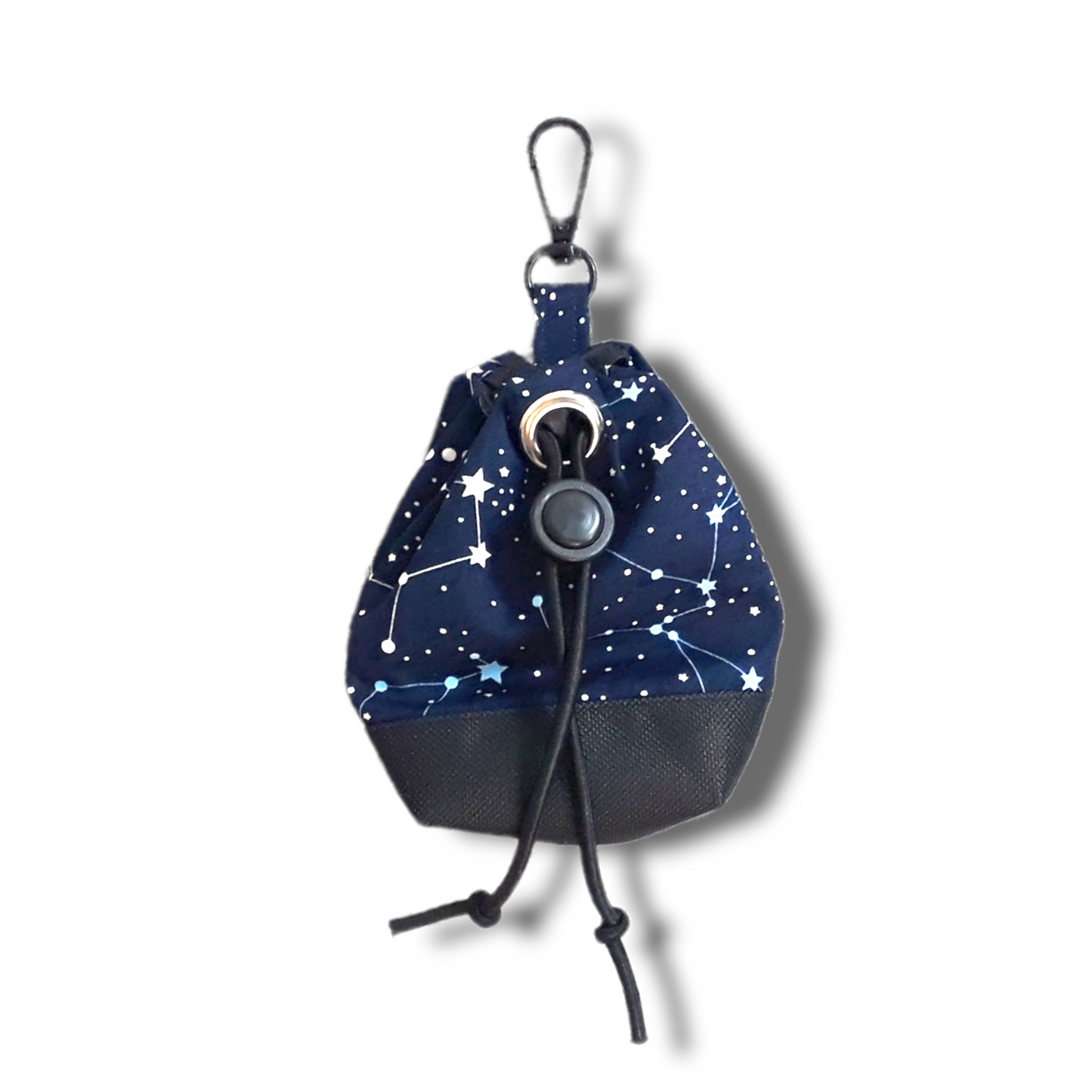 Celestial and constellations night sky print dog treat bag with poo bag holder compartment and drawstring opening/closing