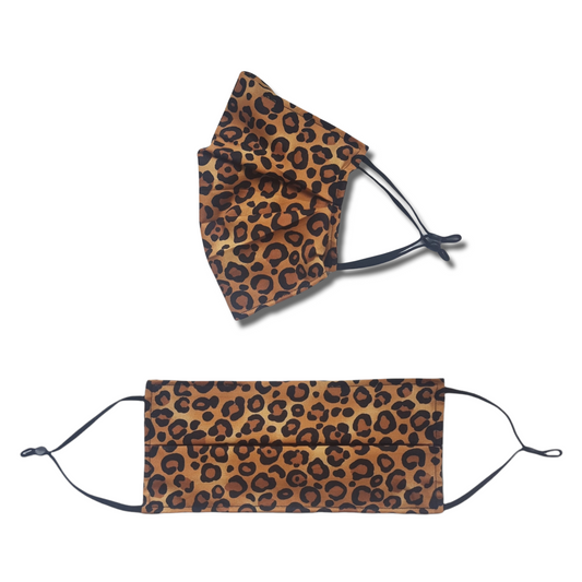 Leopard print face mask. Washable and reusable with filter pocket. Adjustable elastic ear loops with toggle adjustment.