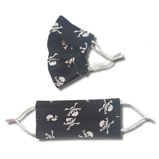 Skull print face mask. Washable and reusable with filter pocket. Adjustable elastic ear loops with toggle adjustment.