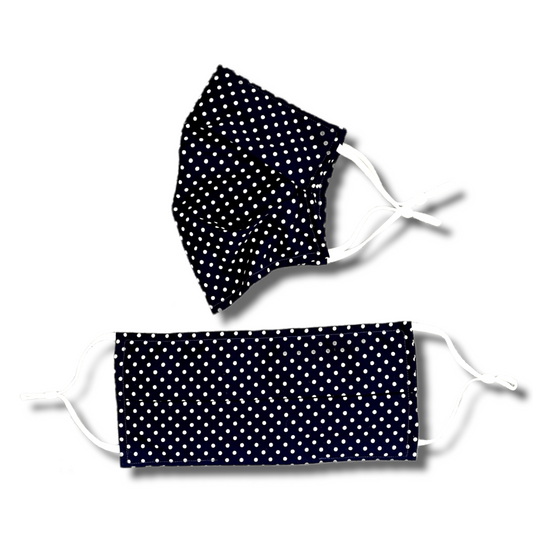 Polka dot print face mask. Washable and reusable with filter pocket. Adjustable elastic ear loops with toggle adjustment.