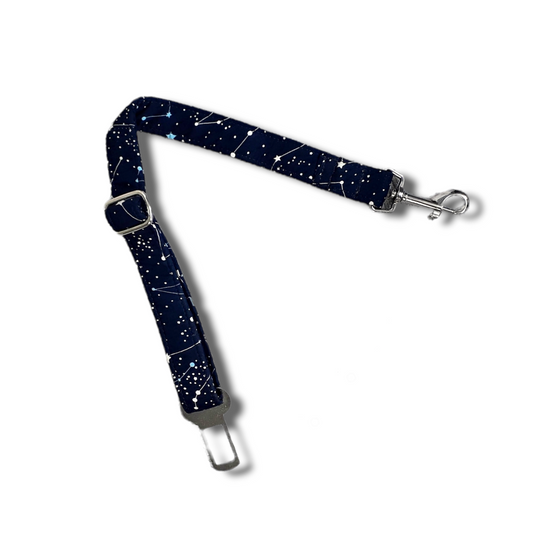 Dog seatbelt - celestial and constellation night sky print navy blue