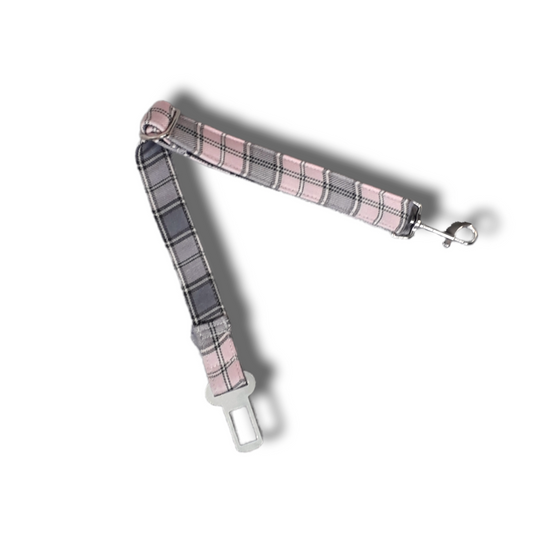 Dog seatbelt - pink and grey tartan/plaid