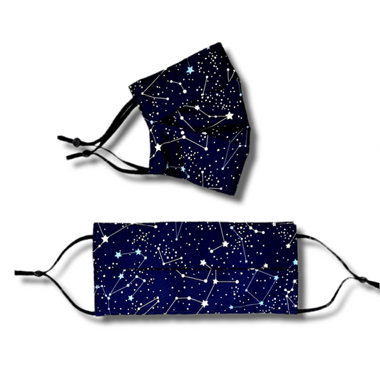 Night sky, constellation print face mask. Washable and reusable with filter pocket. Adjustable elastic ear loops with toggle adjustment.